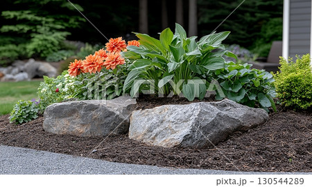 Vibrant Flowers and Lush Green Plants in a Garden Landscape with Decorative Rocks 130544289