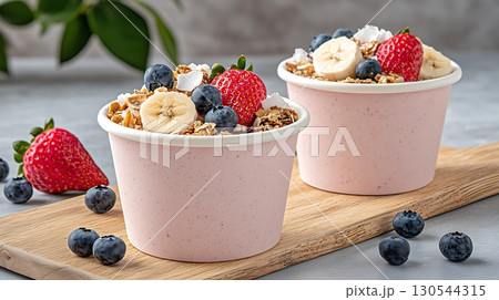 Healthy Breakfast Bowls with Fresh Fruits, Granola, and Coconut Flakes on Wooden Board 130544315