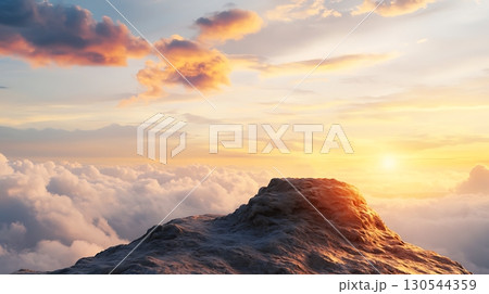 Majestic Sunset Over Clouds with Rocky Peak Under Colorful Sky in Serene Nature Scene 130544359
