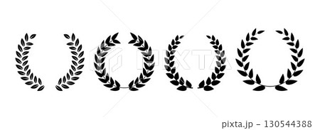 Retro laurel wreaths set. Circle winner trophy decor elements for award banner, emblem, label, badge. Black round branches with olive leaves collection. Vintage Greek triumph ornament pack. Vector Retro laurel wreaths set. Circle winner trophy decor elements for award banner, emblem, label, badge. Black round branches with olive leaves collection. Vintage Greek triumph ornament pack. Vector 130544388