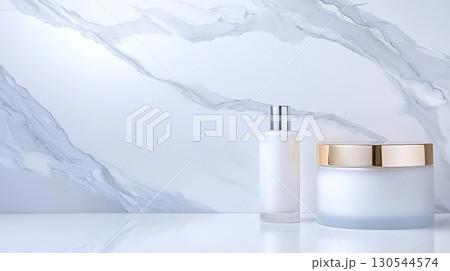 Elegant Beauty Products on Marble Background for Skincare and Cosmetic Advertising 130544574