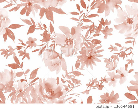 水彩の手書きの草花のモノクロシームレスパターン。秋の花柄。ボタニカルテキスタイルデザイン。 水彩の手書きの草花のモノクロシームレスパターン。秋の花柄。ボタニカルテキスタイルデザイン。 130544681