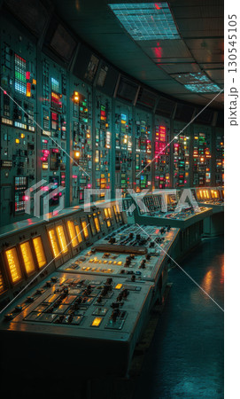 Control room, nuclear power plant, illuminated panel, technology, energy, futuristic, safety 130545105