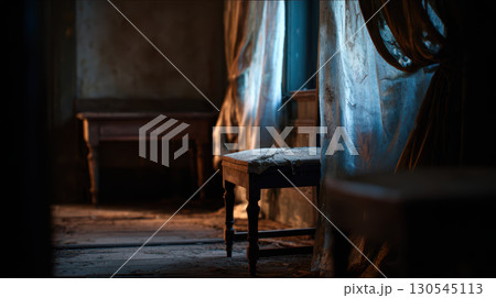 Dusty haunted house interior with dim light, old wooden furniture, and tattered curtains 130545113