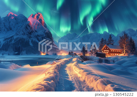 Northern lights in the mountains. Beautiful winter night landscape. Northern lights in the mountains. Beautiful winter night landscape. 130545222