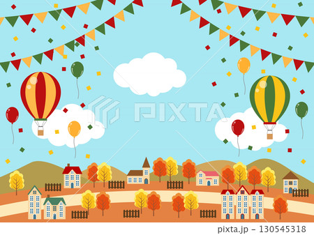 秋のレジャー背景、田舎、イラスト、かわいい、気球、横 130545318