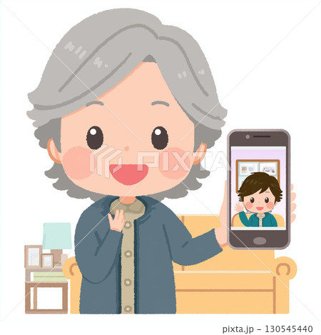 ビデオ通話サービス案内ポスター用イラスト リビングで孫とスマホで通話する笑顔の高齢女性 130545440