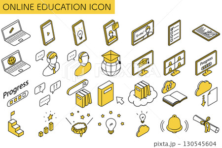 オンライン学習のシンプルなアイソメトリック線画アイコンセット 130545604