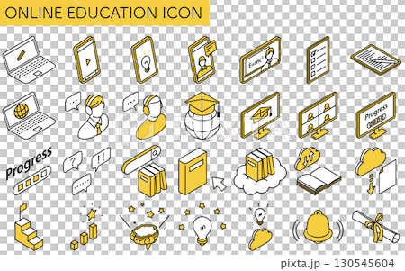 オンライン学習のシンプルなアイソメトリック線画アイコンセット 130545604