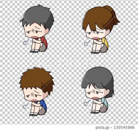 体育座りでため息をつく子どものイラスト4種類セット 130545866
