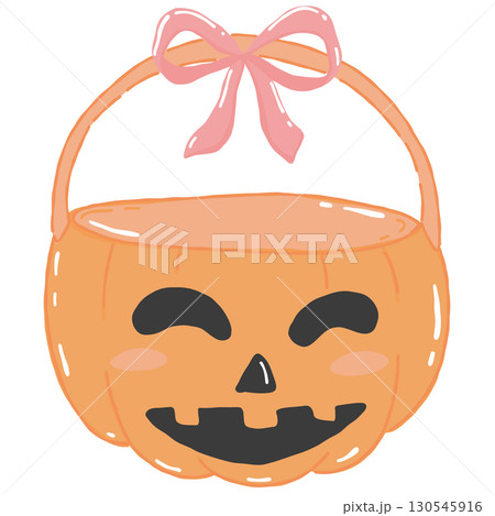Pumpkin basket with ribbon bow happy character cute Halloween hand drawn Pumpkin basket with ribbon bow happy character cute Halloween hand drawn 130545916