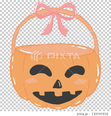 Pumpkin basket with ribbon bow happy character cute Halloween hand drawn Pumpkin basket with ribbon bow happy character cute Halloween hand drawn 130545916