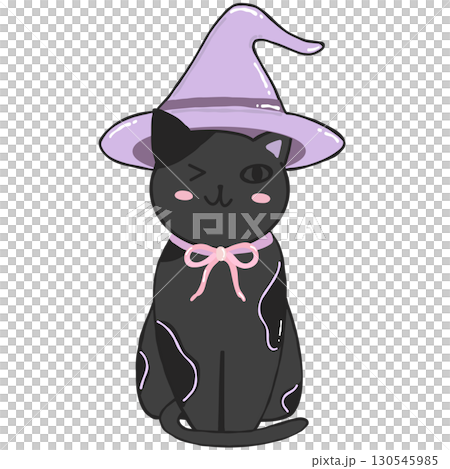 Black Cat witch in black hat hand drawn illustration 130545985