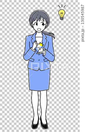 An office lady in a suit clapping her hands in a flash of inspiration (simple, full body) 130545987