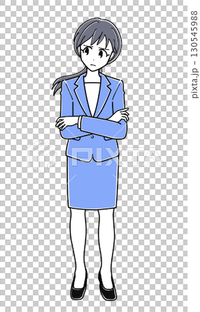 An office lady in a suit with her arms folded and a suspicious look on her face (simple, full body) 130545988