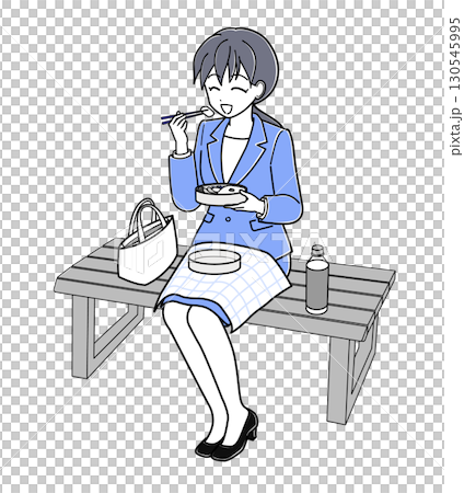 ベンチに座ってお弁当を食べているスーツのOLさん　その1（シンプル） 130545995
