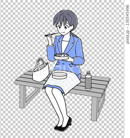 A suit-wearing office lady sitting on a bench eating a lunchbox, part 2 (simple) 130545996