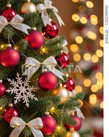 Christmas tree decorated with red and gold baubles, white bows and snowflake ornaments, glowing with festive lights 130546042