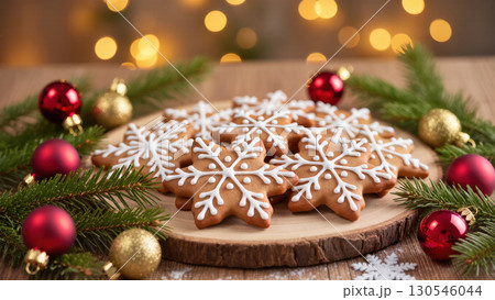 Christmas snowflake gingerbread cookies on wooden plate with pine branches and baubles, festive dessert setup with warm lights 130546044