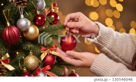 Christmas tree decoration with hands hanging red bauble on pine branch, festive ornaments and warm bokeh lights in background 130546046