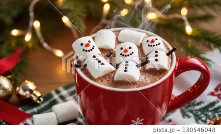 Christmas hot chocolate with cute marshmallow snowmen in red mug, surrounded by festive decorations and warm lights 130546048