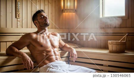 Athletic man relaxing in a modern wooden sauna Athletic man relaxing in a modern wooden sauna 130546065