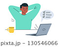 Flat cartoon vector illustration of office worker sitting with laptop, man character in relaxed pose. Completed project, finished tasks, satisfaction, productivity, workplace success 130546066