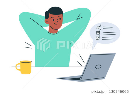 Flat cartoon vector illustration of office worker sitting with laptop, man character in relaxed pose. Completed project, finished tasks, satisfaction, productivity, workplace success 130546066