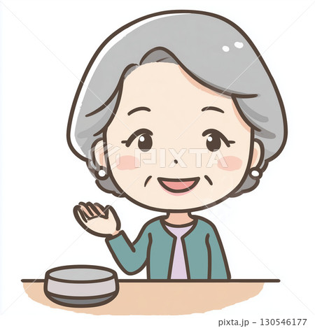 スマートスピーカー利用案内ポスター用イラスト 高齢女性が音声で操作するシーン 130546177