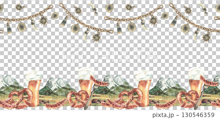 Beer, sausage and pretzel, Bavarian Zugspitze background framed with mens Charivari seamless border Watercolor mountains landscape, Oktoberfest drink and food pattern. Hand drawn isolated illustration Beer, sausage and pretzel, Bavarian Zugspitze background framed with mens Charivari seamless border Watercolor mountains landscape, Oktoberfest drink and food pattern. Hand drawn isolated illustration 130546359