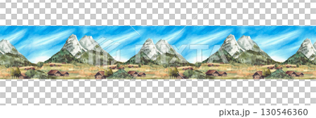 Watercolor Alpine mountains rural landscape seamless border. Zugspitze with blue sky and Cabins on hills and fields pattern. German Bavarian traditional landmark. Isolated from background illustration Watercolor Alpine mountains rural landscape seamless border. Zugspitze with blue sky and Cabins on hills and fields pattern. German Bavarian traditional landmark. Isolated from background illustration 130546360