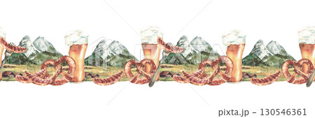 Watercolor Beer with sausage and pretzel against of alpine mountains landscape seamless border. Zugspitze Bavarian nature with Oktoberfest drink and snack. Hand drawn pattern isolated from background 130546361