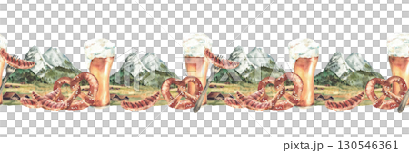 Watercolor Beer with sausage and pretzel against of alpine mountains landscape seamless border. Zugspitze Bavarian nature with Oktoberfest drink and snack. Hand drawn pattern isolated from background 130546361