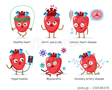 Set of Human heart internal organ cartoon character illustration set 1 of 4 . White isolated background . Vector . Set of Human heart internal organ cartoon character illustration set 1 of 4 . White isolated background . Vector . 130546370