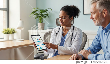 Female doctor of African descent sitting with a senior male patient in a bright modern clinic Female doctor of African descent sitting with a senior male patient in a bright modern clinic 130546670