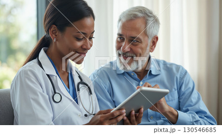 Female doctor of African descent sitting with a senior male patient in a bright modern clinic 130546685