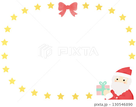 金の星の円フレームとサンタクロース プレゼントを持つクリスマスイラスト 130546890