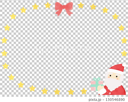 金の星の円フレームとサンタクロース プレゼントを持つクリスマスイラスト 130546890