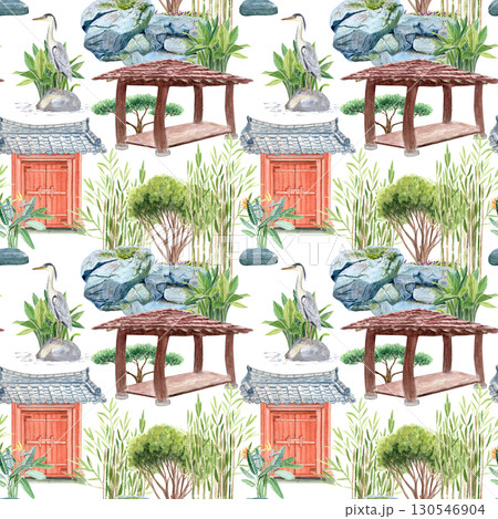 Asian garden with traditional gates, wooden pavilion, pine trees, bamboo, rocks, herons. Seamless watercolor pattern on white. Perfect for textile design, wallpaper, wrapping paper, oriental-themed Asian garden with traditional gates, wooden pavilion, pine trees, bamboo, rocks, herons. Seamless watercolor pattern on white. Perfect for textile design, wallpaper, wrapping paper, oriental-themed 130546904