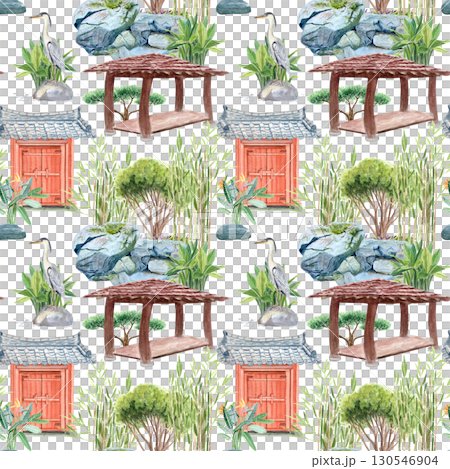 Asian garden with traditional gates, wooden pavilion, pine trees, bamboo, rocks, herons. Seamless watercolor pattern on white. Perfect for textile design, wallpaper, wrapping paper, oriental-themed Asian garden with traditional gates, wooden pavilion, pine trees, bamboo, rocks, herons. Seamless watercolor pattern on white. Perfect for textile design, wallpaper, wrapping paper, oriental-themed 130546904
