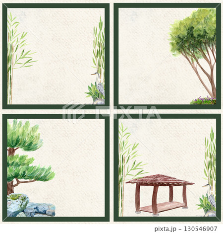 Watercolor seamless pattern on beige paper texture. Oriental landscapes with bamboo, trees, pavilion, heron bird. Ideal for invitations, greeting cards, travel designs, cultural projects. Asian garden 130546907
