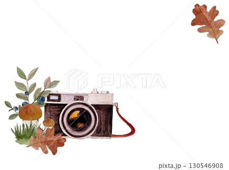 Vintage camera, mushrooms, oak leaves, and blueberry branches watercolor frame on white background. Rustic autumn template perfect for invitations, greeting cards, and seasonal notes Vintage camera, mushrooms, oak leaves, and blueberry branches watercolor frame on white background. Rustic autumn template perfect for invitations, greeting cards, and seasonal notes 130546908