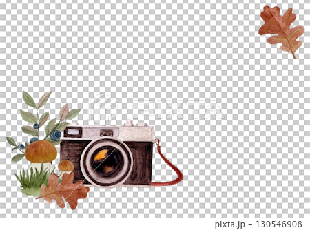 Vintage camera, mushrooms, oak leaves, and blueberry branches watercolor frame on white background. Rustic autumn template perfect for invitations, greeting cards, and seasonal notes Vintage camera, mushrooms, oak leaves, and blueberry branches watercolor frame on white background. Rustic autumn template perfect for invitations, greeting cards, and seasonal notes 130546908