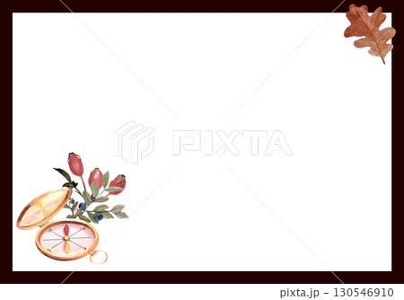 Golden compass, rosehip berries, blueberries, oak leaf watercolor autumn frame on white background. Perfect for rustic cards, seasonal invitations, travel journals, and woodland designs Golden compass, rosehip berries, blueberries, oak leaf watercolor autumn frame on white background. Perfect for rustic cards, seasonal invitations, travel journals, and woodland designs 130546910