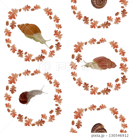 Snails inside autumn wreaths of oak leaves and acorns on a white background. Seamless watercolor pattern perfect for fabric prints, gift wrapping, stationery, wallpapers, and eco-themed products. Hand Snails inside autumn wreaths of oak leaves and acorns on a white background. Seamless watercolor pattern perfect for fabric prints, gift wrapping, stationery, wallpapers, and eco-themed products. Hand 130546912