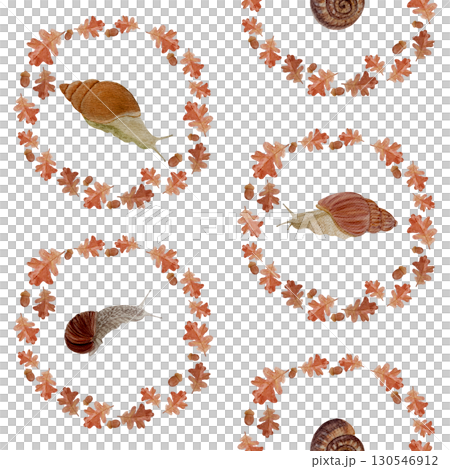 Snails inside autumn wreaths of oak leaves and acorns on a white background. Seamless watercolor pattern perfect for fabric prints, gift wrapping, stationery, wallpapers, and eco-themed products. Hand Snails inside autumn wreaths of oak leaves and acorns on a white background. Seamless watercolor pattern perfect for fabric prints, gift wrapping, stationery, wallpapers, and eco-themed products. Hand 130546912