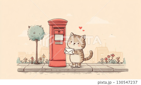 手紙を投函する猫 130547237