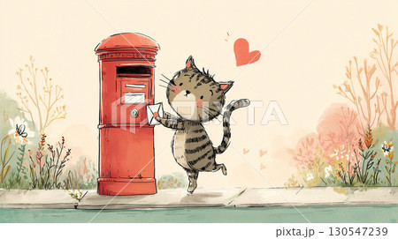 手紙を投函する猫 130547239