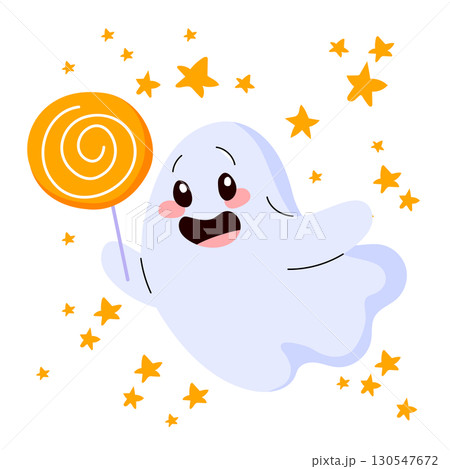 Cute Ghost Flying Holding Candy Lollipop Cartoon Illustration Cute Ghost Flying Holding Candy Lollipop Cartoon Illustration 130547672