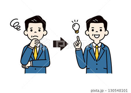 困っている表情と、解決した表情の50代・60代のビジネスマンの上半身ベクターイラスト素材＿カラー 130548101